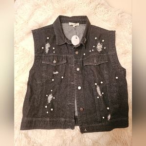 En Creme Embellished and Distressed Denim Vest New with Tags Size M